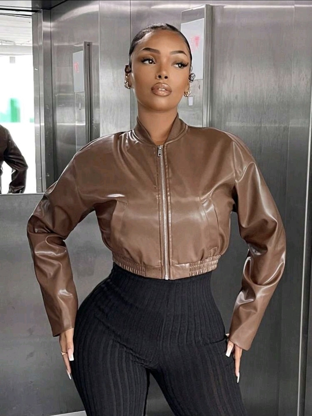 SHEIN Chocolate Brown Cropped Faux Leather Bomber Jacket